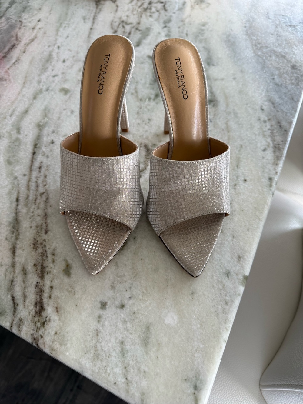 Tony Bianco Champagne Textured Pointed-Toe Mule Heels